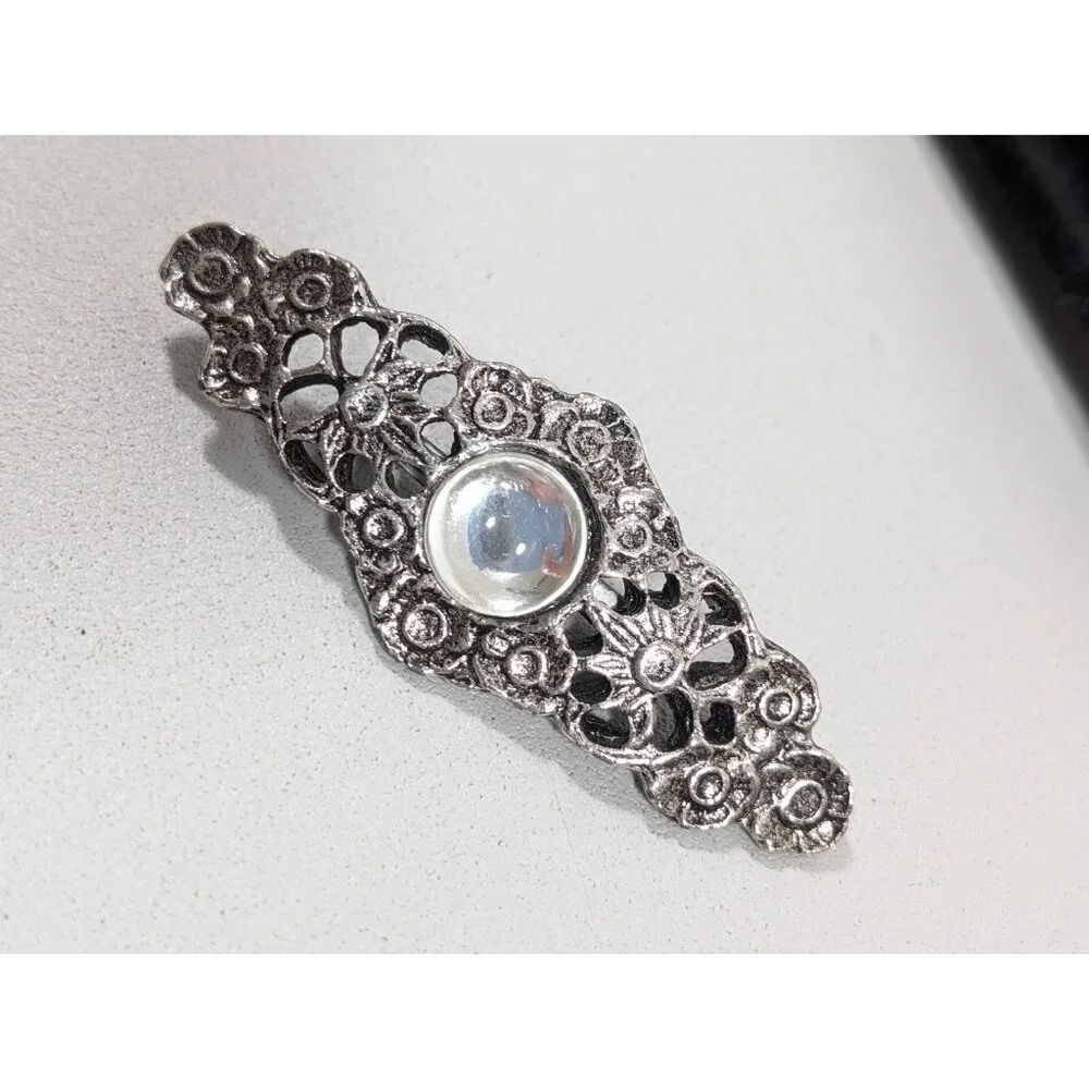 Vintage Victorian Style Floral Bar Brooch Clear Glass Cabochon Pin‎ Silver Tone